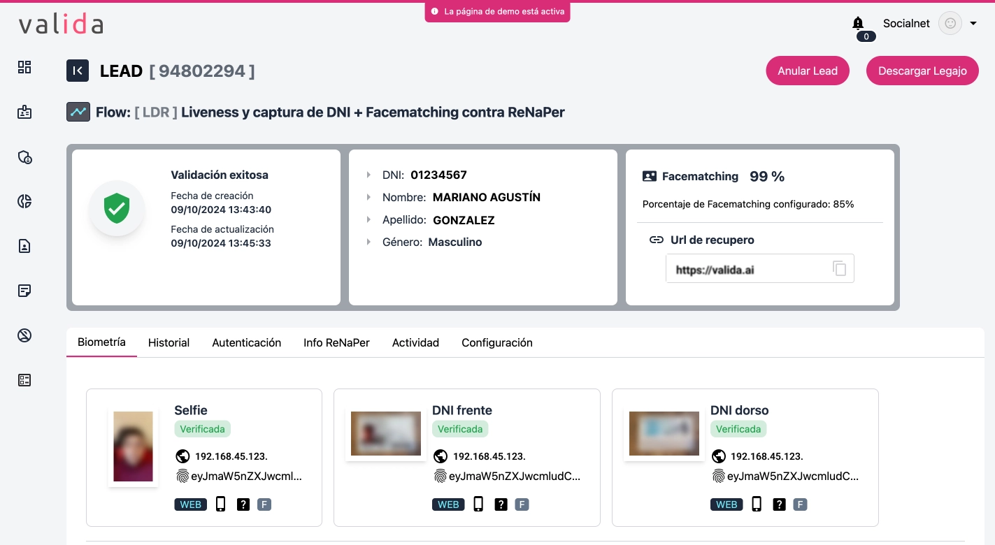 Panel de control de Valida con detalles de validación de identidad y datos del usuario