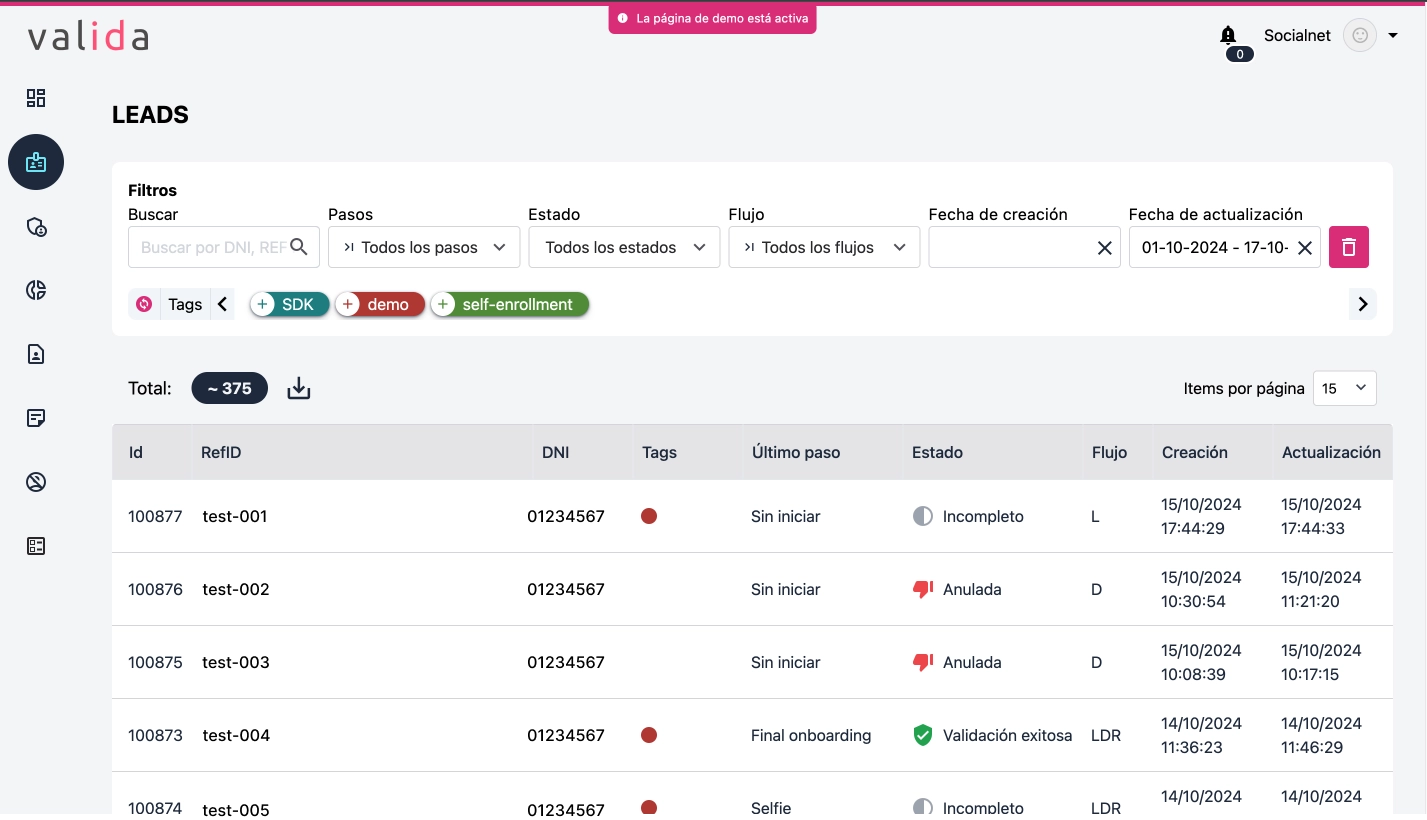 Listado de validaciones de identidad en el backoffice de Valida